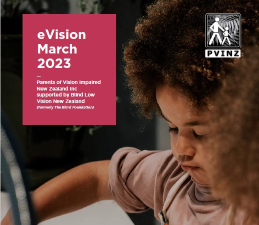 a young child is absorbed in a task. white lettering on a magenta background reads eVision March 2023