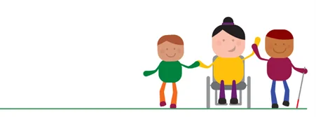 drawing of three children with different types of disability