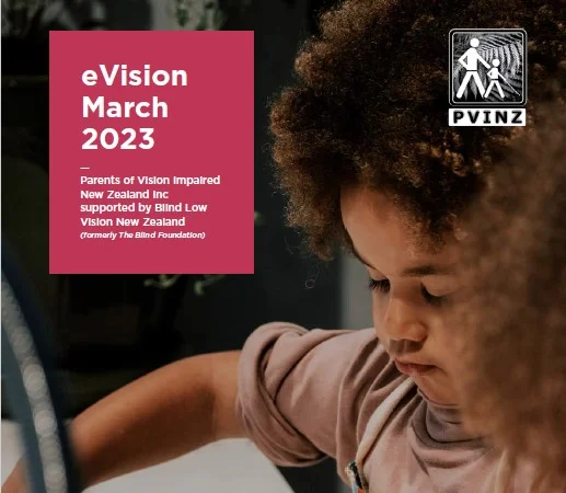 a young child is absorbed in a task. white lettering on a magenta background reads eVision March 2023
