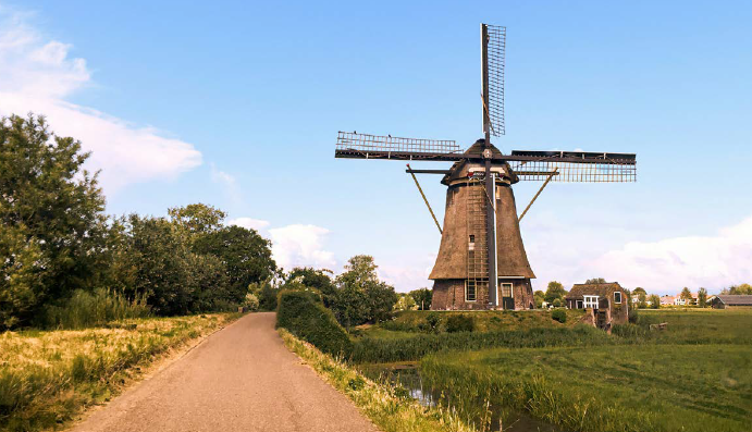 country road and windmill in holland
